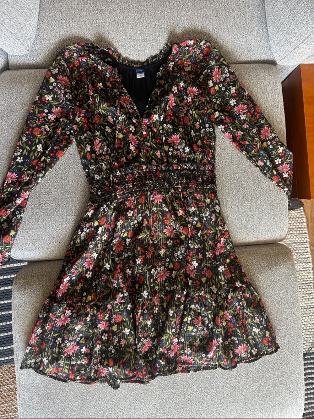Old Navy Black Floral Long-Sleeve Smocked Waist Dress